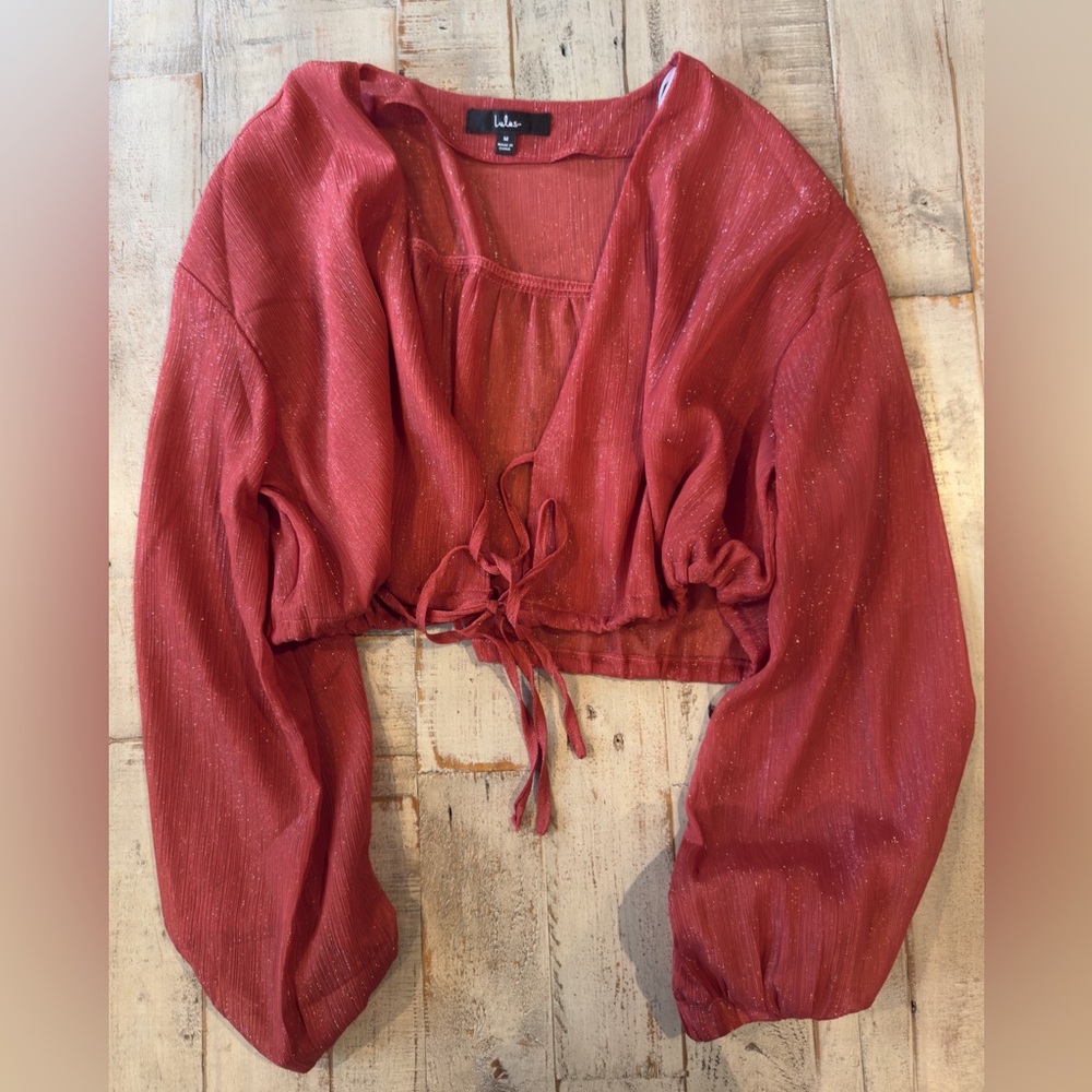 Lulu's Sparkling Red Tie Front Top M